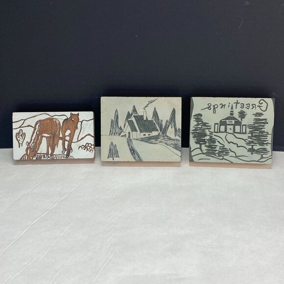 Linoleum Wood Block Print Stamps Lot of 3 American Crayon Company and Other - Picture 1 of 11